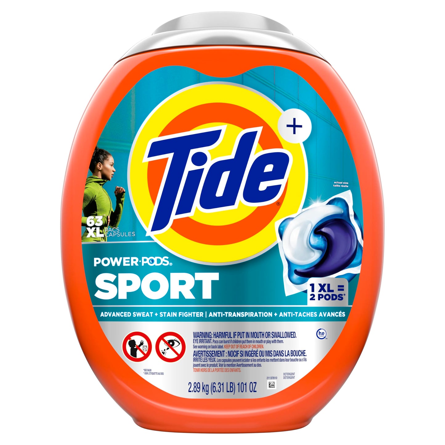 Tide Power Pods Sport Laundry Detergent Pacs, Advanced Sweat + Stain Fighter, 63 Count Tide