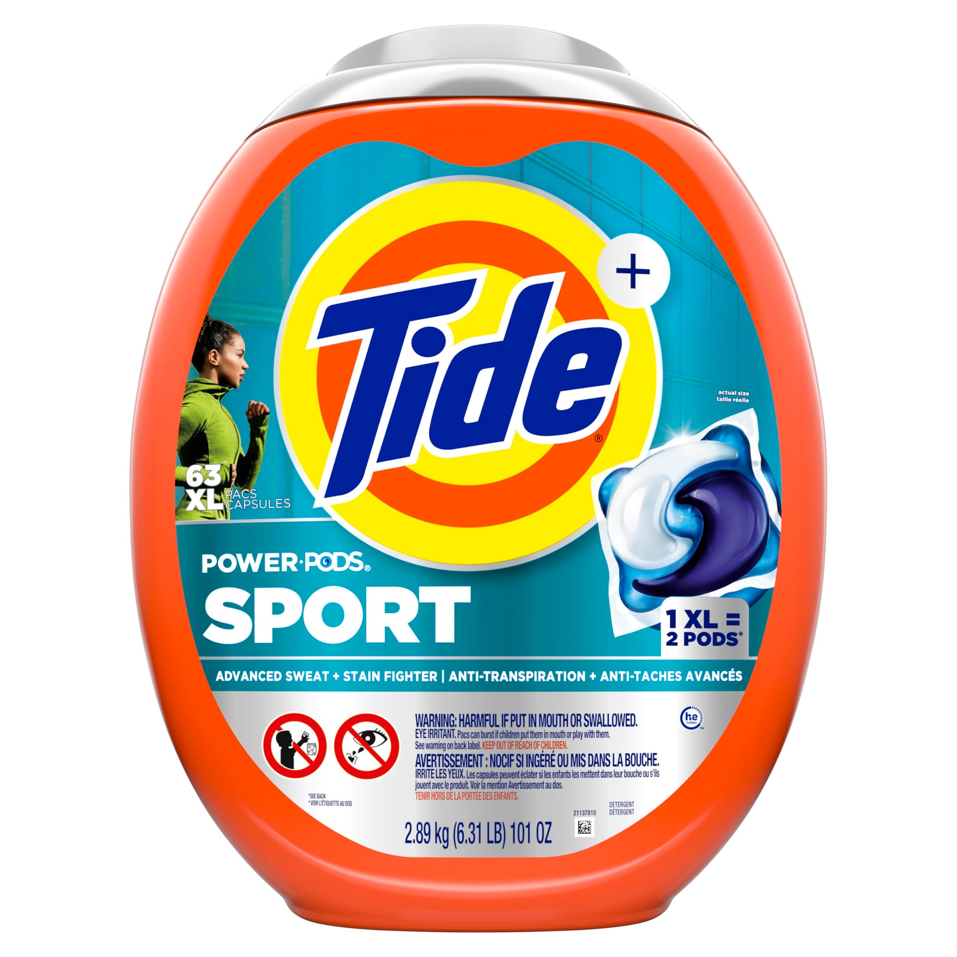 Tide Power Pods Sport Laundry Detergent Pacs, Advanced Sweat + Stain Fighter, 63 Count Tide
