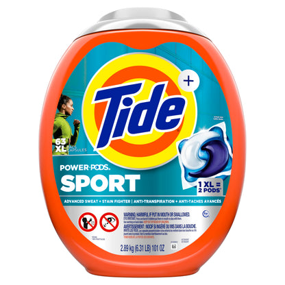 Tide Power Pods Sport Laundry Detergent Pacs, Advanced Sweat + Stain Fighter, 63 Count Tide