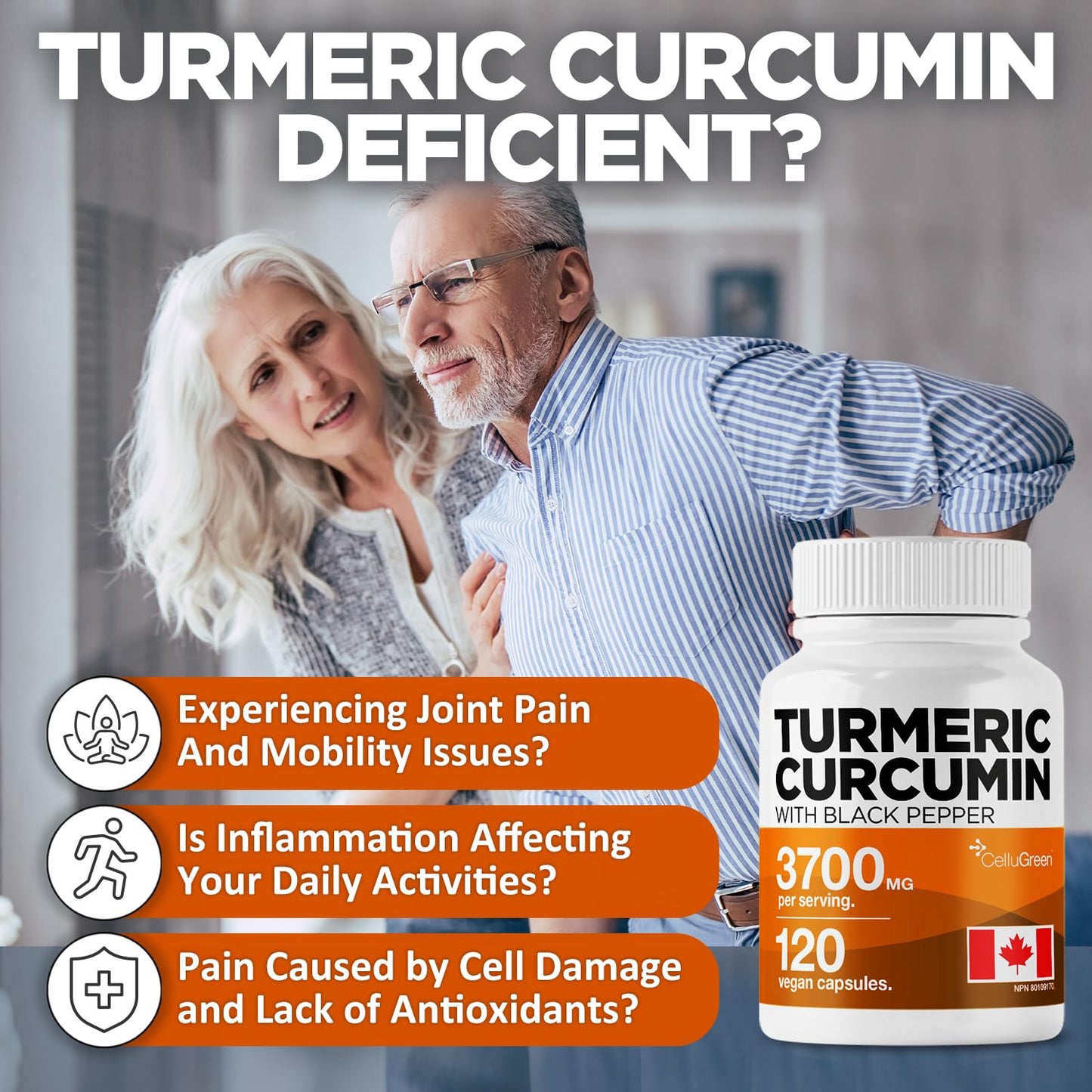CelluGreen Turmeric Curcumin 3,700mg with Black Pepper Extract — 95% Curcuminoids for Joint Pain Relief & Anti-Inflammatory Support | Curcuma Longa | Non-GMO, Gluten-Free, Made in Canada | 120 Capsules - Available at All In One Marketplace Canada