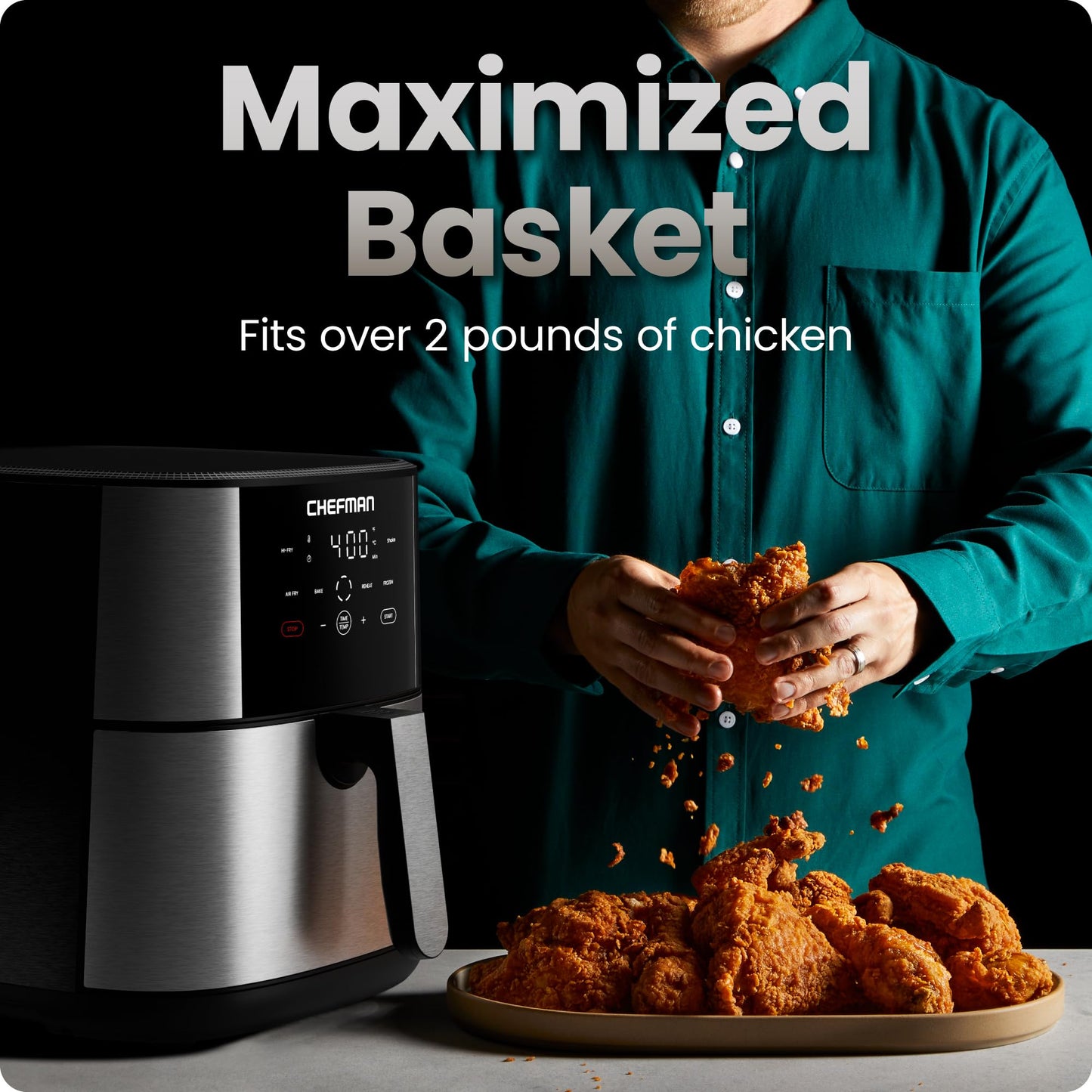 Chefman TurboFry® Touch Air Fryer, XL 8-Qt (7.5L) Family Size, One-Touch Digital Control Presets, French Fries, Chicken, Meat, Fish, Nonstick Dishwasher-Safe Parts, Automatic Shutoff, Stainless Steel - Available at All In One Marketplace Canada