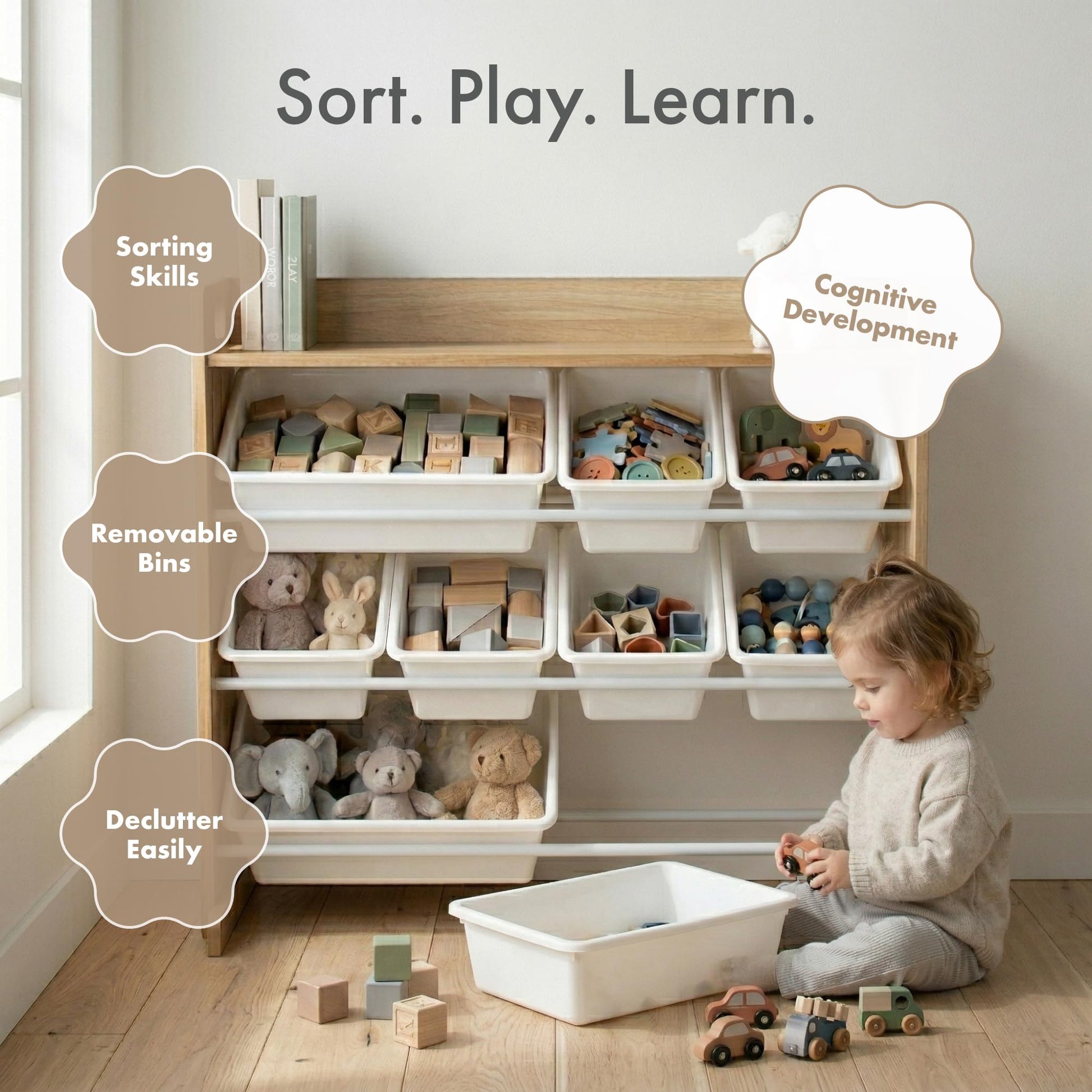 Humble Crew Toy Storage Organizer with Top Shelf and 9 Removable Bins, Natural/White – Toddler Bookshelf with Toy Organizer - Modern Toy Rack Ideal for Kids' Rooms, Playrooms, and Nurseries Humble Crew