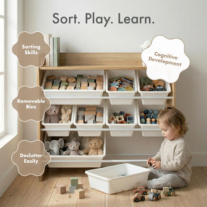 Humble Crew Toy Storage Organizer with Top Shelf and 9 Removable Bins, Natural/White – Toddler Bookshelf with Toy Organizer - Modern Toy Rack Ideal for Kids' Rooms, Playrooms, and Nurseries Humble Crew