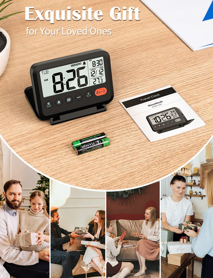 MeesMeek Digital Travel Alarm Clock: Small Bedside LCD Clock with Date Temperature Snooze Backlight 12/24H Weekend Mode and 2 Volume, Desk Clock for Kids Office Bedroom, Battery Included (Black) - Available at All In One Marketplace Canada