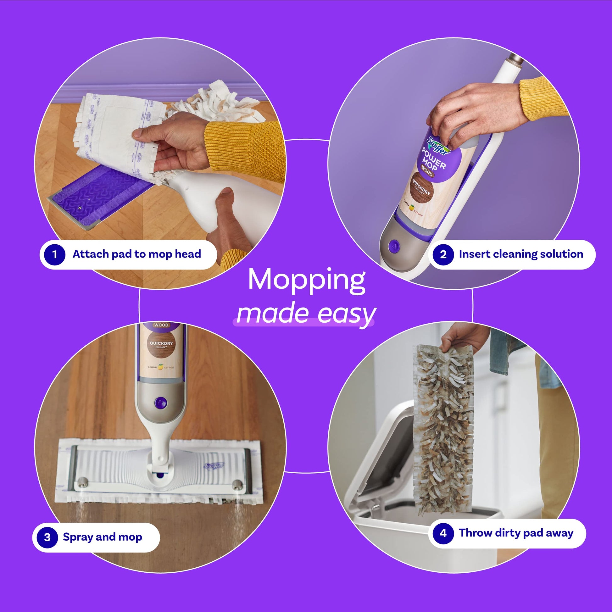 Swiffer Power Mop Wood, Hardwood Floor Cleaner for Mopping Home, All Purpose Multi-Surface Cleaning Set Includes PowerMop Wood, 2 Pads, 1 Quickdry Lemon Solution, & 2 Batteries, 5 Count Swiffer