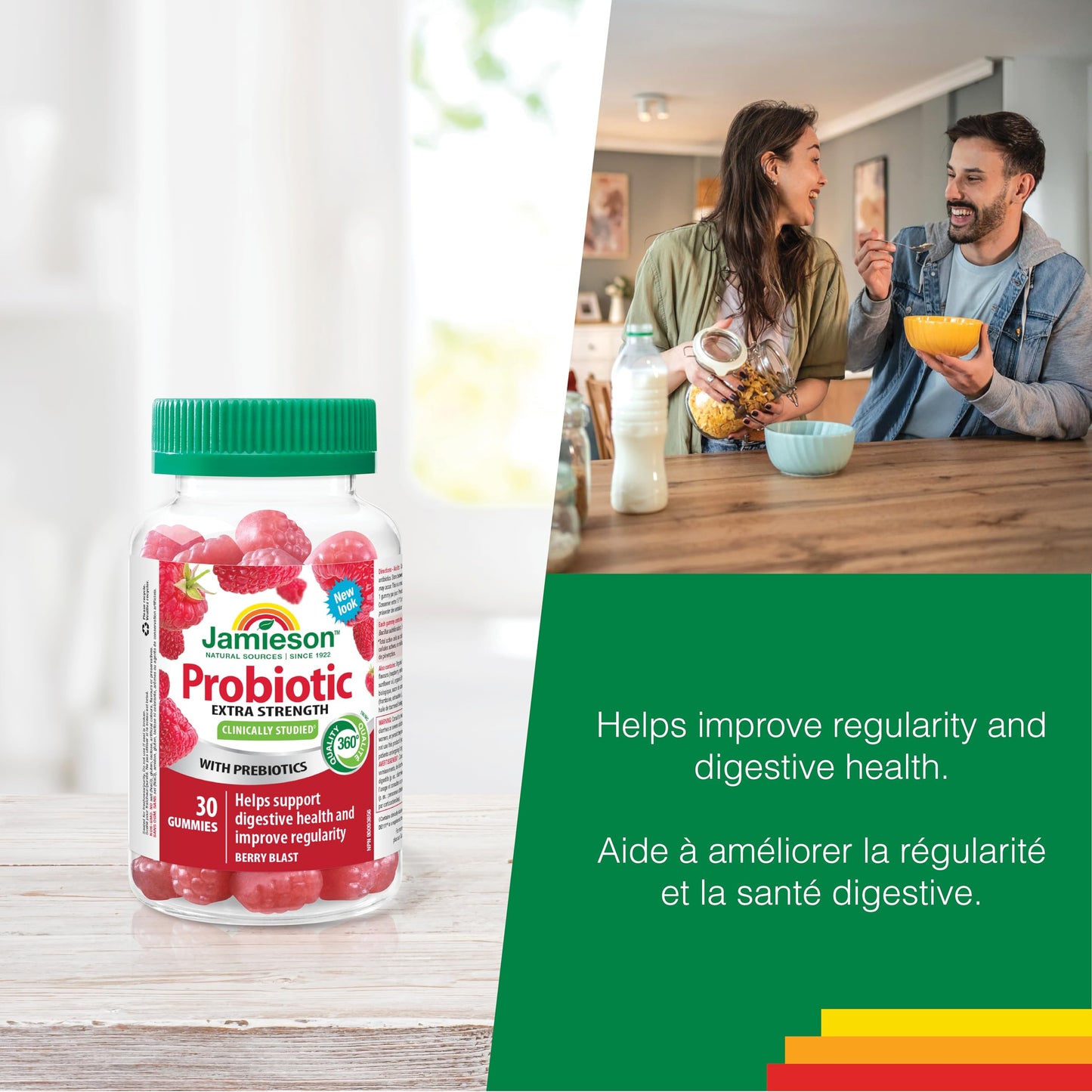 Jamieson Extra Strength Probiotic. 30 Gummies. 5 Billion CFU, Berry Blast Flavour, Improves Digestive Health, and Supports a Healthy Microbiome, No Artificial Colours, Flavours, or Preservatives - Available at All In One Marketplace Canada