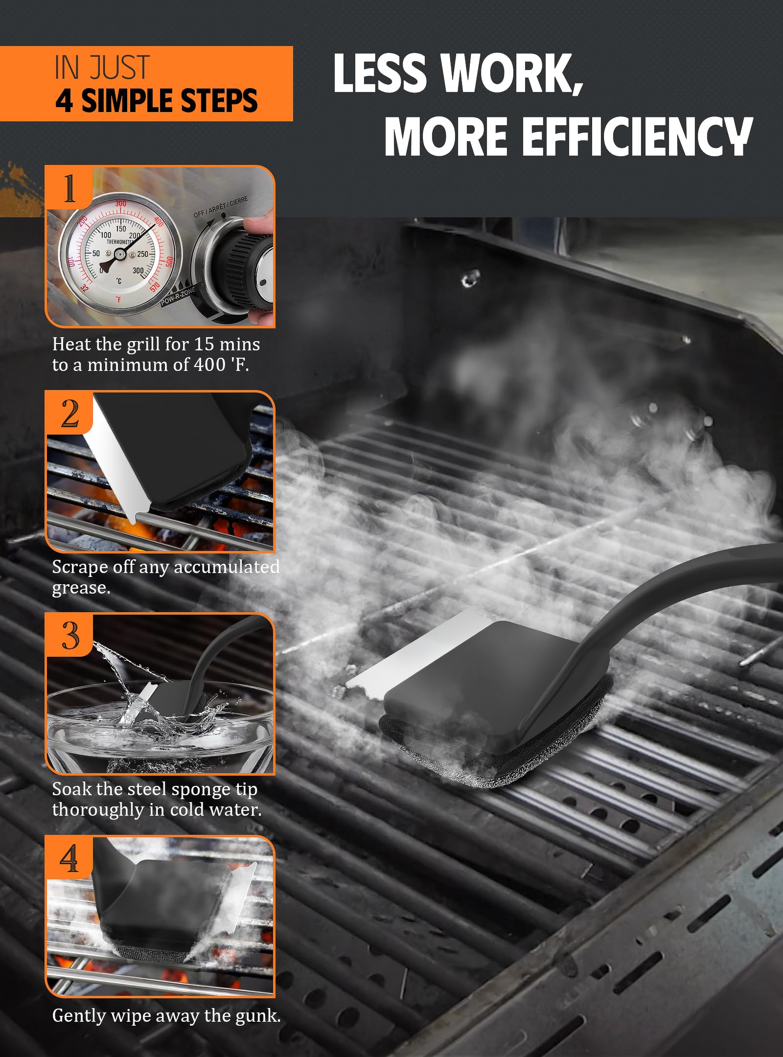 MEKER Grill Brush Bristle Free, Grill Cleaner Brush with 5 BBQ Replacement Head for Cast Iron, Stainless Steel Grates, Safe Grill Scraper Outdoor BBQ Grill, Black - Available at All In One Marketplace Canada