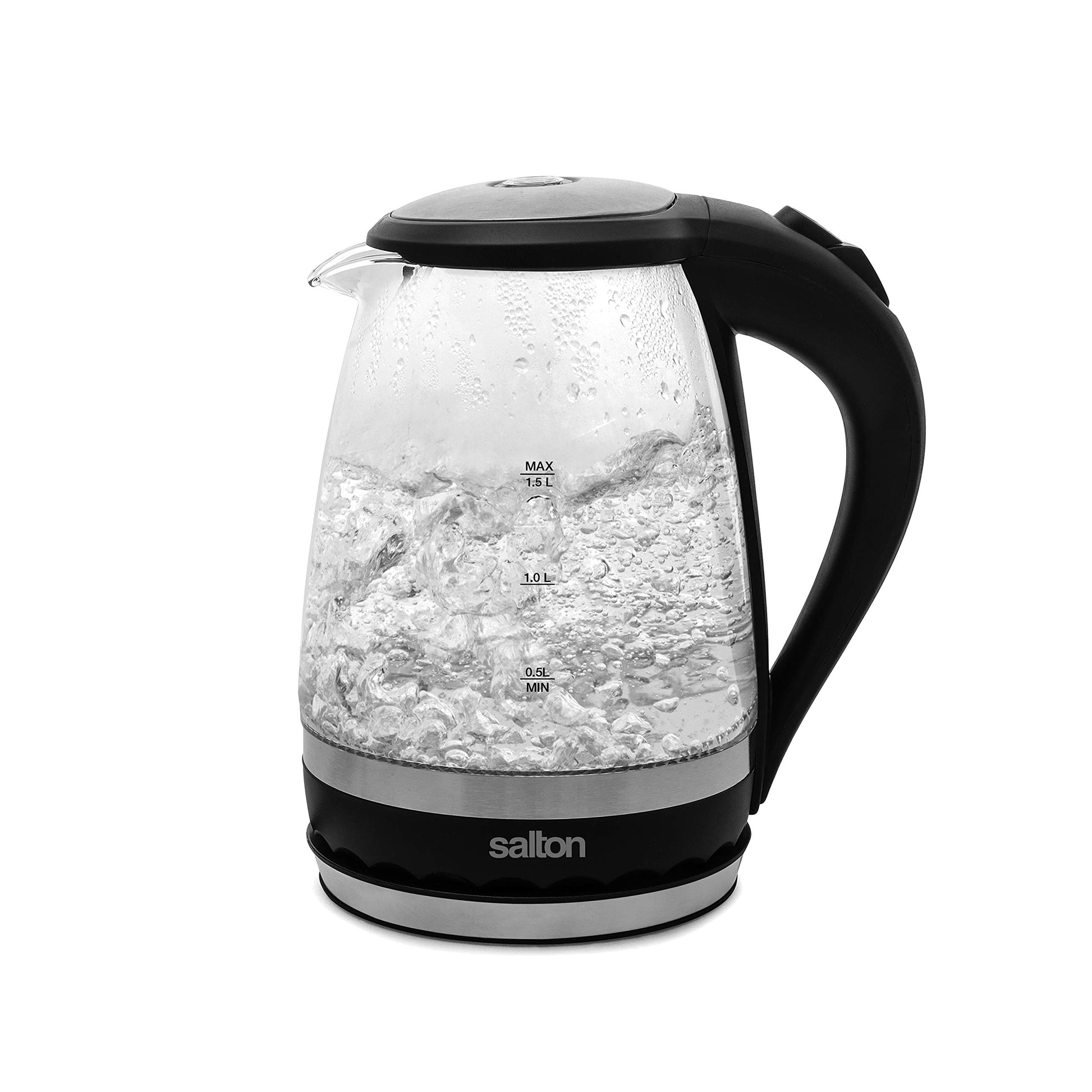 Salton Cordless Electric Glass Kettle - Compact 1.5L/Quart Water Boiler and Tea Heater with Automatic Shut-Off and Boil-Dry Protection, Soft Blue Illumination, Stainless Steel, 1100 Watts Salton