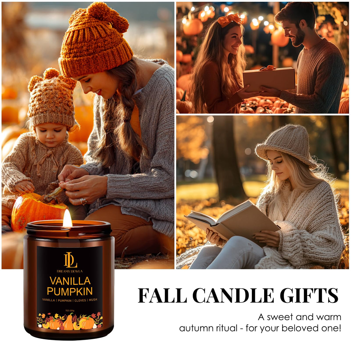 DL DREAMY DEWLA Fall Candle, Vanilla Pumpkin Scented for Home, 7oz Soy Wax 🍁 All In One Marketplace Canada