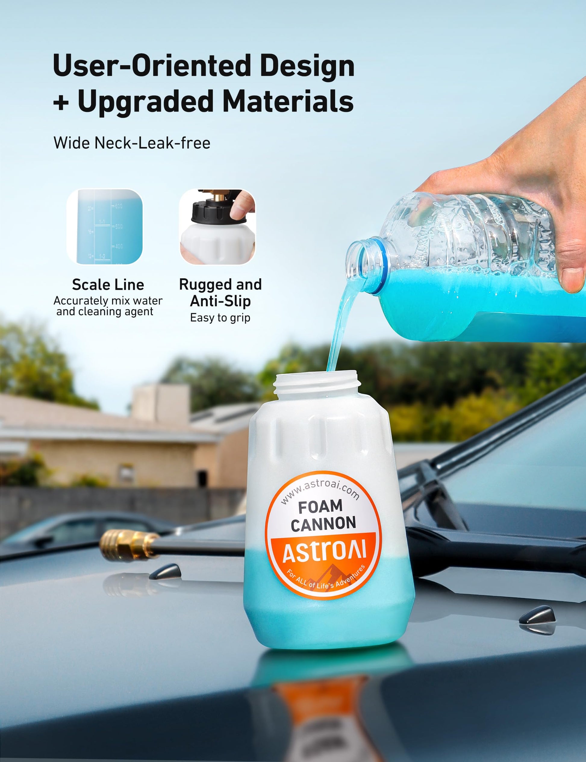 AstroAI Foam Cannon, Heavy Duty Car Foam Blaster Wide Neck Adjustable Snow Foam Lance and Thick Foam for Pressure Washer 1/4" Quick Connector （1L Bottle Without 5 Nozzles）