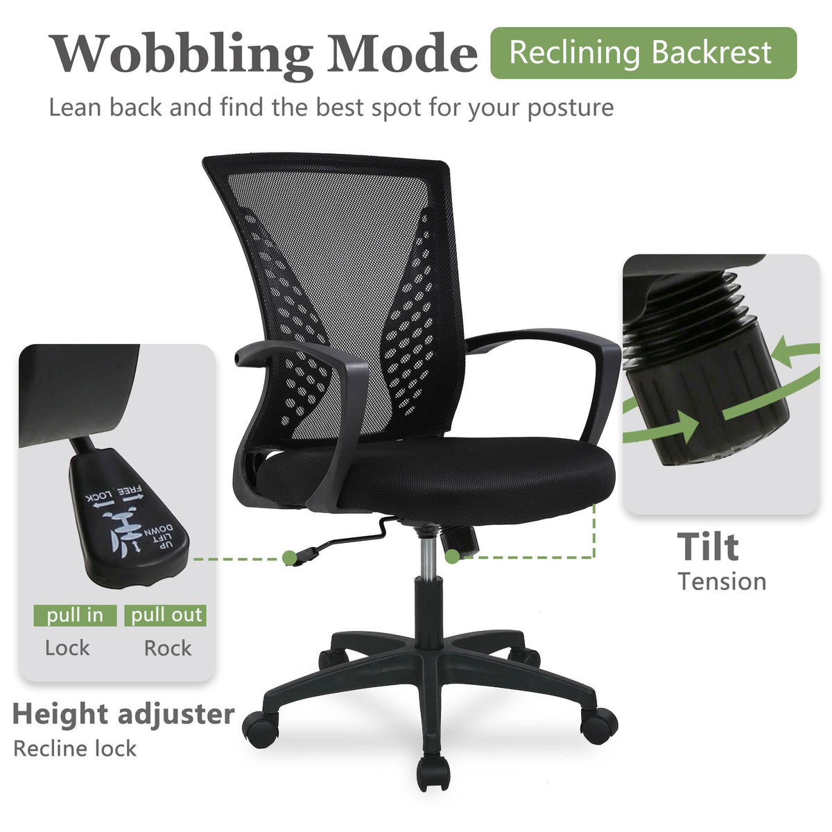 Home Office Chair Mid Back PC Swivel Lumbar Support Adjustable Desk Task Computer Ergonomic Comfortable Mesh Chair with Armrest (Dark Black)