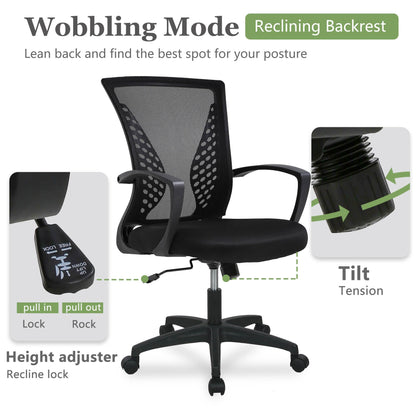 Home Office Chair Mid Back PC Swivel Lumbar Support Adjustable Desk Task Computer Ergonomic Comfortable Mesh Chair with Armrest (Dark Black)