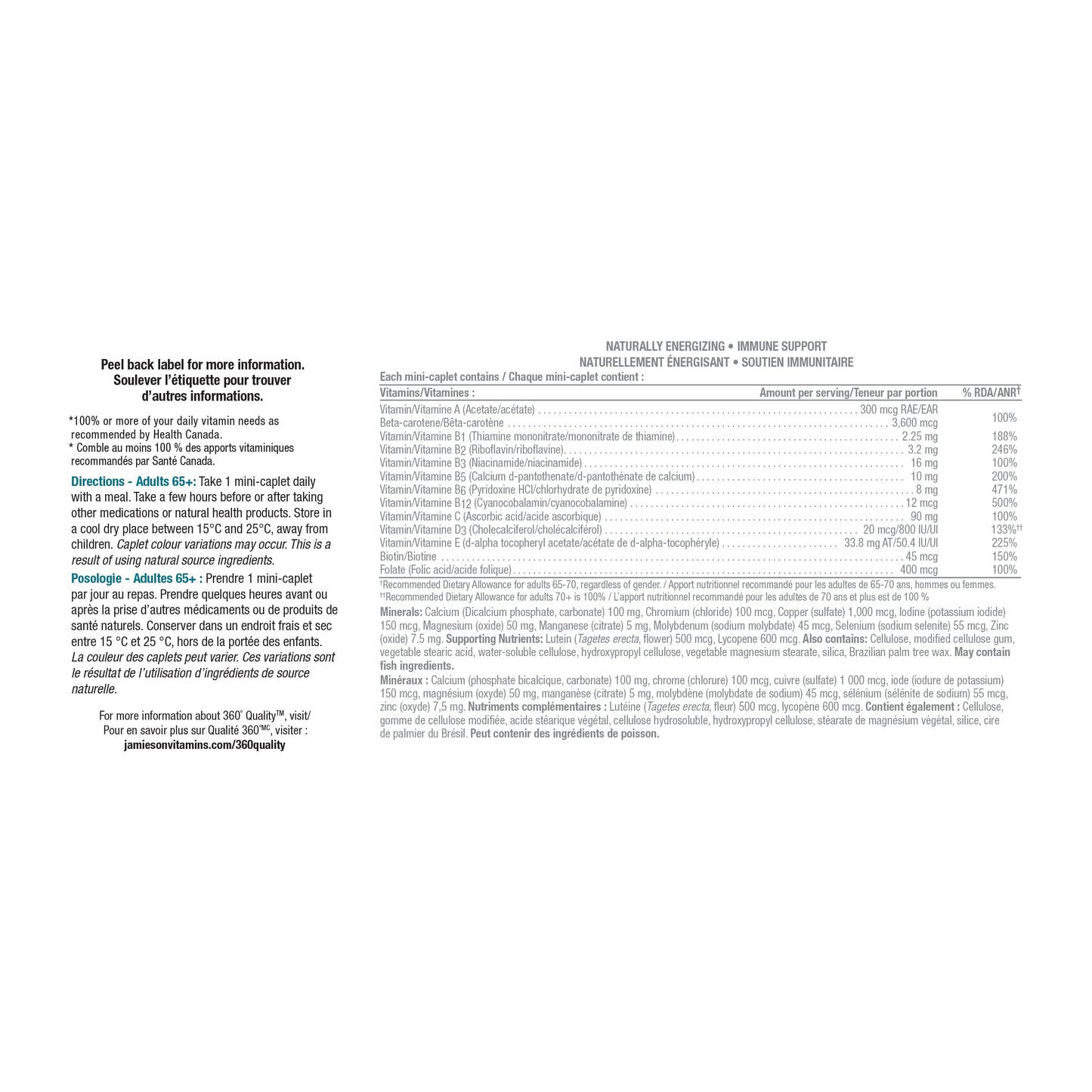 Jamieson 100% Complete Multivitamin Platinum for Adults 65+, 115 Mini Caplets. With Lycopene, Lutein and Additional Immune Support. Supports Energy, Eye Health, Bone, and Overall Health, One Per Day - Available at All In One Marketplace Canada