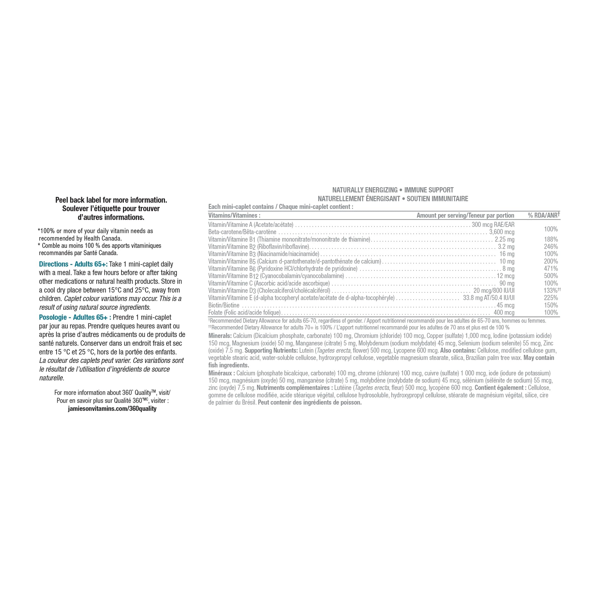 Jamieson 100% Complete Multivitamin Platinum for Adults 65+, 115 Mini Caplets. With Lycopene, Lutein and Additional Immune Support. Supports Energy, Eye Health, Bone, and Overall Health, One Per Day - Available at All In One Marketplace Canada