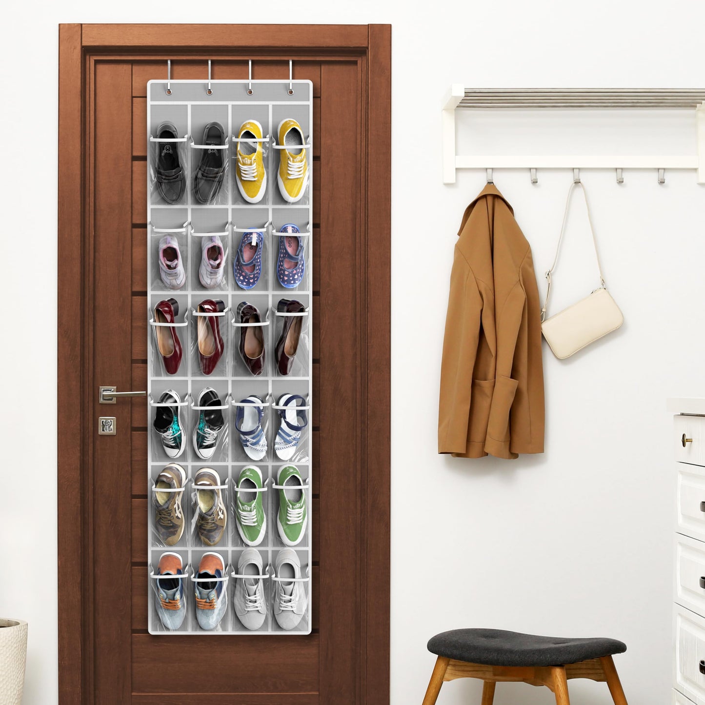SimpleHouseware Crystal Clear Over The Door Hanging Shoe Organizer, 24 Pockets, Grey (162.6 cm H x 48.6 cm W) - Available at All In One Marketplace Canada