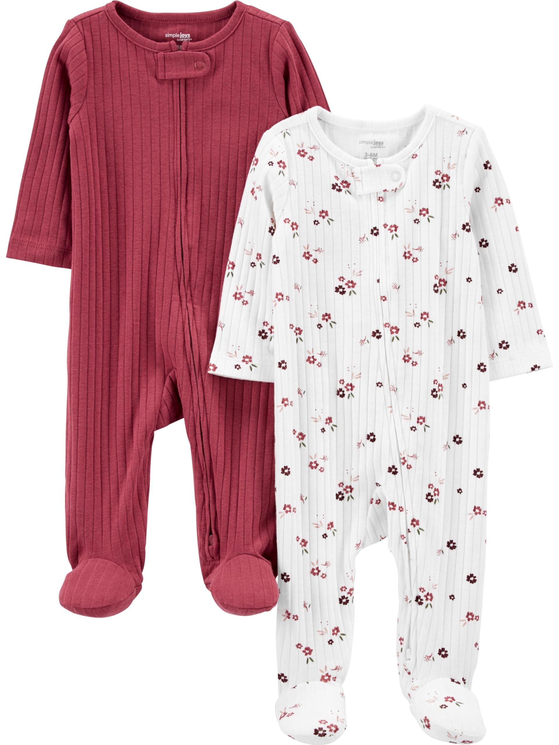 Simple Joys by Carter's Unisex Baby 2-Pack 2-Way Zip Textured Sleep and Play, Light Burgundy/Pink Floral, 0-3 Months Simple Joys by Carter's