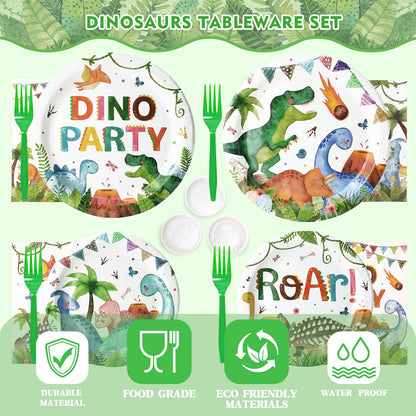 189 Pcs Dinosaur Birthday Party Supplies Set - Serves 24, Dino Decorations Kit with Banner, Balloons, Swirls, Cake Toppers, Tableware & Tablecloth for Kids' Birthday Party 🍁 All In One Marketplace Canada