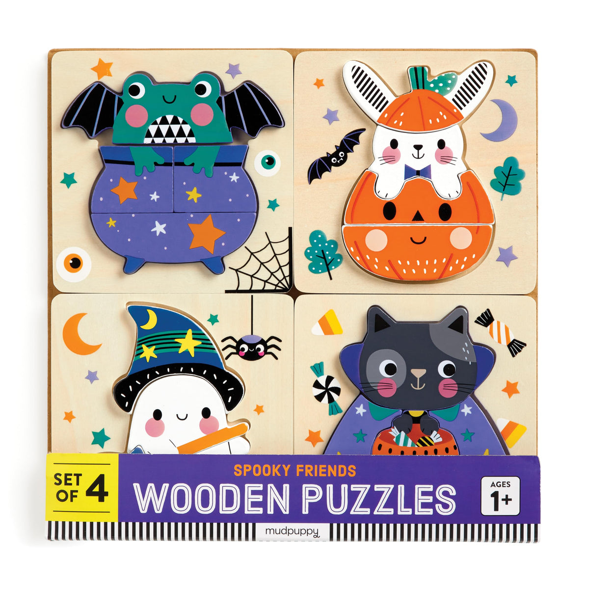 Mudpuppy Halloween – Set of 4 Wooden 4 Piece Puzzles Featuring A Colorful Halloween Scene with Adorable Characters
