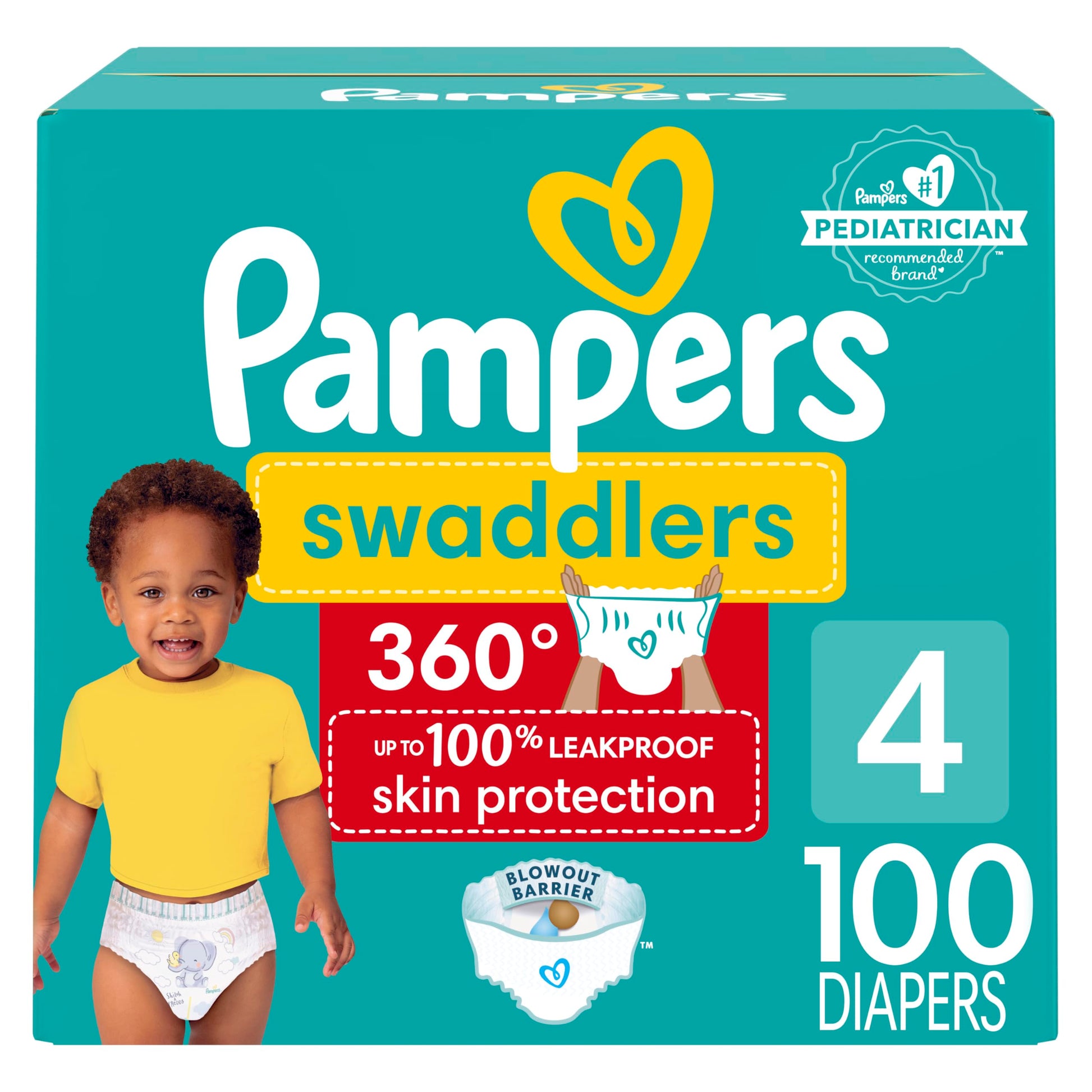 Pampers Diapers - Swaddlers 360 degrees - Size 4, 100 Count, up to 100% Leakproof Comfy Dry Fit, EZ Off Tabs Designed for Easy Changes, Pull On Diaper