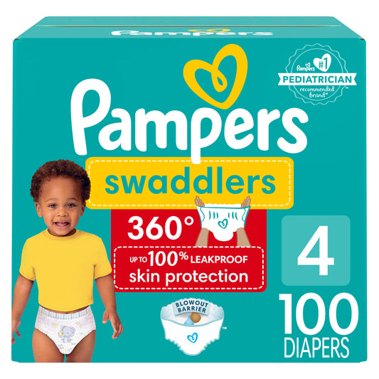Pampers Diapers - Swaddlers 360 degrees - Size 4, 100 Count, up to 100% Leakproof Comfy Dry Fit, EZ Off Tabs Designed for Easy Changes, Pull On Diaper