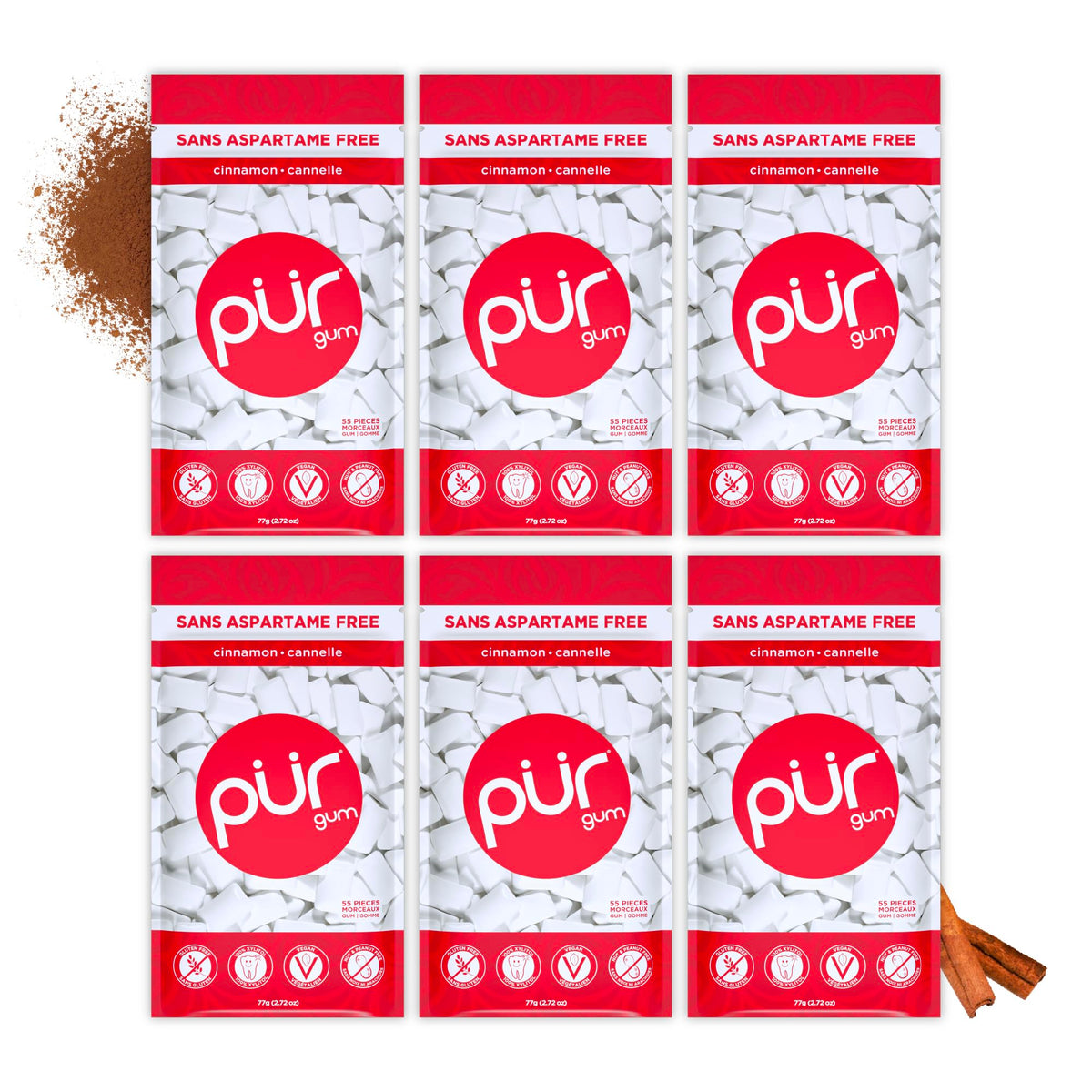 PUR Gum, Cinnamon, Xylitol Gum, No Artificial flavour, 330 Count (6x55)