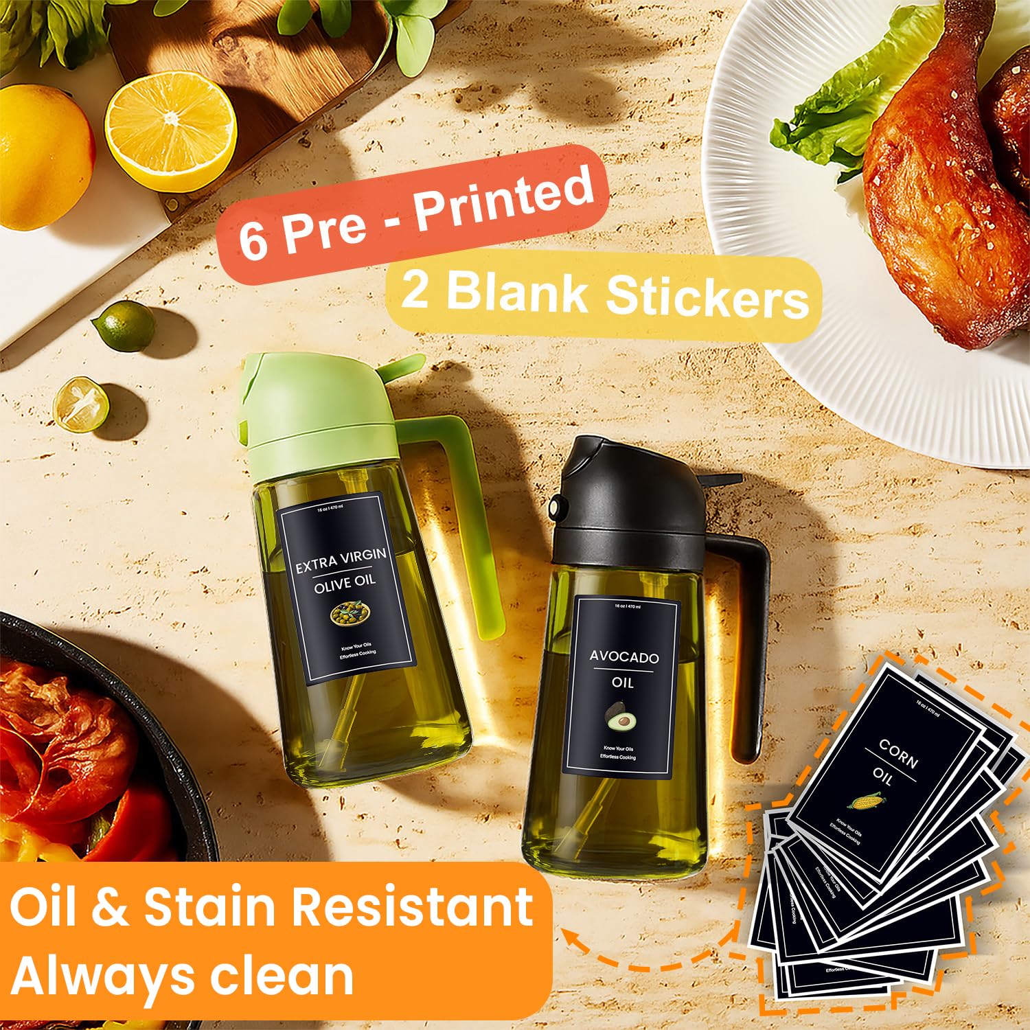 CXINYI 16oz/470ml Olive Oil Dispenser Bottle with Stickers - 2 in 1 Olive Oil Spray Bottle, Air Fryer & Salad, Light-Proof Glass Kitchen Gadgets, Black&Green - Available at All In One Marketplace Canada