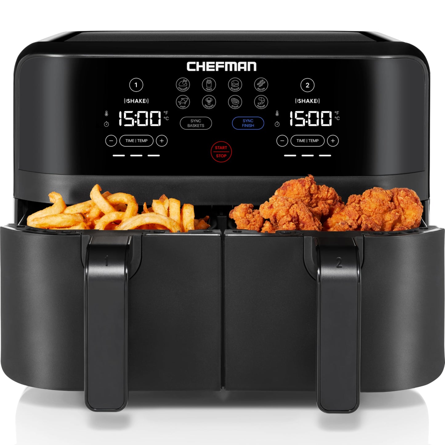 Chefman TurboFry 9-Qt. Dual-Basket Air Fryer with Sync Finish, One-Touch Digital Control, & Shake Reminder for Quick, Healthy, Family-Sized Meals, Black Chefman