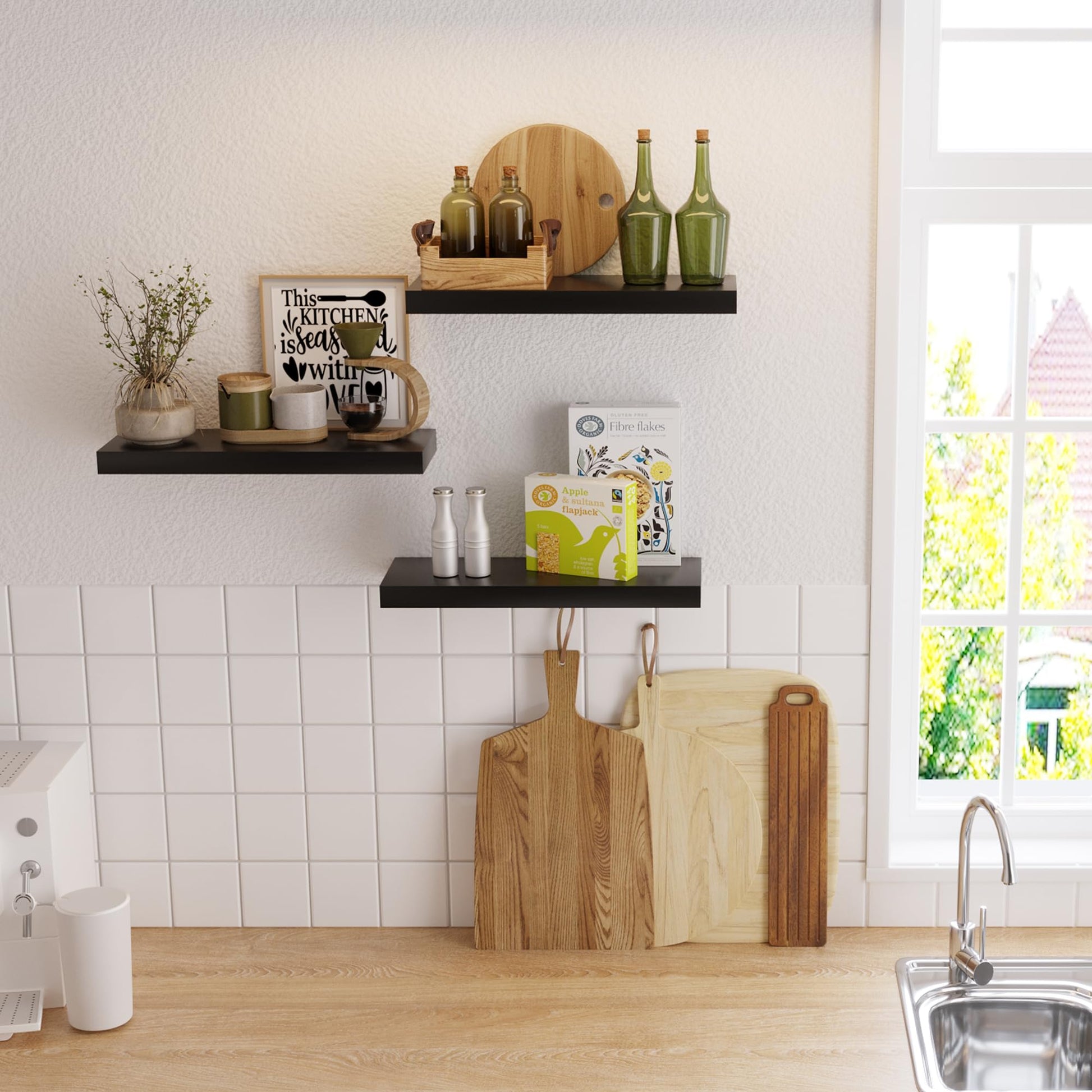 upsimples 16.5" L Black Wooden Floating Shelves with Invisible Brackets, Wall Mounted Modern Wood Shelves Set of 3, for Bathroom Bedroom - Available at All In One Marketplace Canada