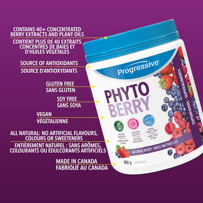 Progressive PhytoBerry Antioxidant Superfood Powder Natural Berry Flavour, Canadian-Made with 40 Fruit Concentrates, Phytonutrients, and Plant Oils for Complete Free-Radical Defence, Vegan, Gluten-Free, and All Natural, 900 g - Available at All In One Marketplace Canada