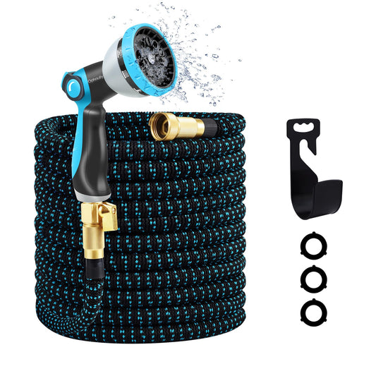 Expandable Garden Hose, Water Hose 100ft with 10 Function Nozzle, Flexible Hose with 3/4" Solid Brass Fittings, Extra Strength Fabric, Easy Storage Kink Free, Black & Blue