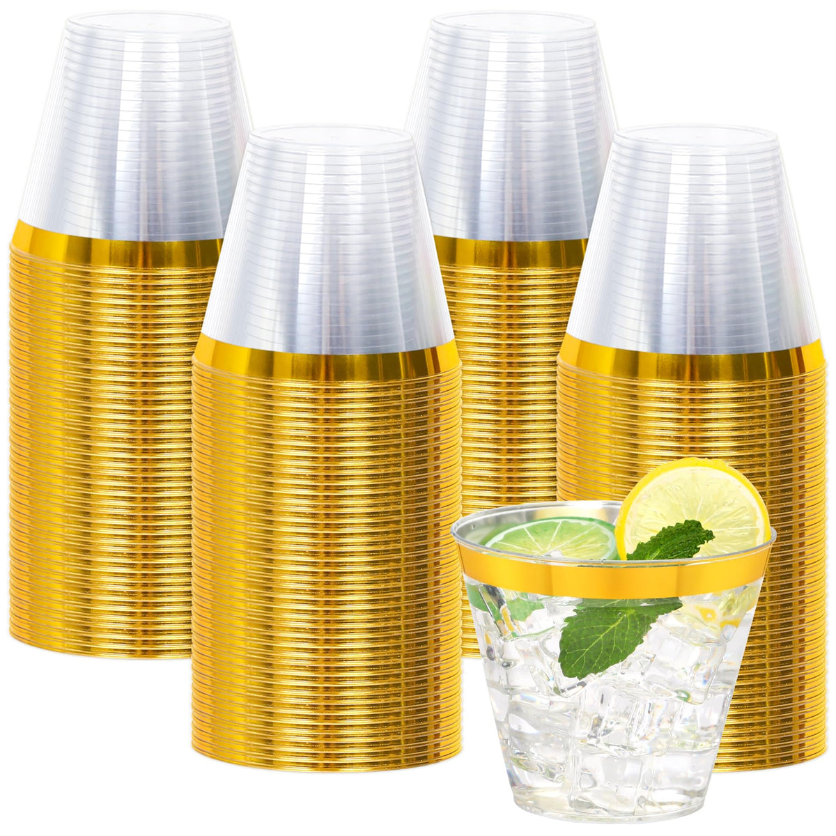 100 Pcs Gold Plastic Cups,9Oz Gold Rimmed Plastic Cups,Heavy Duty Gold Rim Clear Disposable Plasitc Cocktail Tumblers Wine Cup for Party,Wedding,Birthday,Christmas 🍁 All In One Marketplace Canada