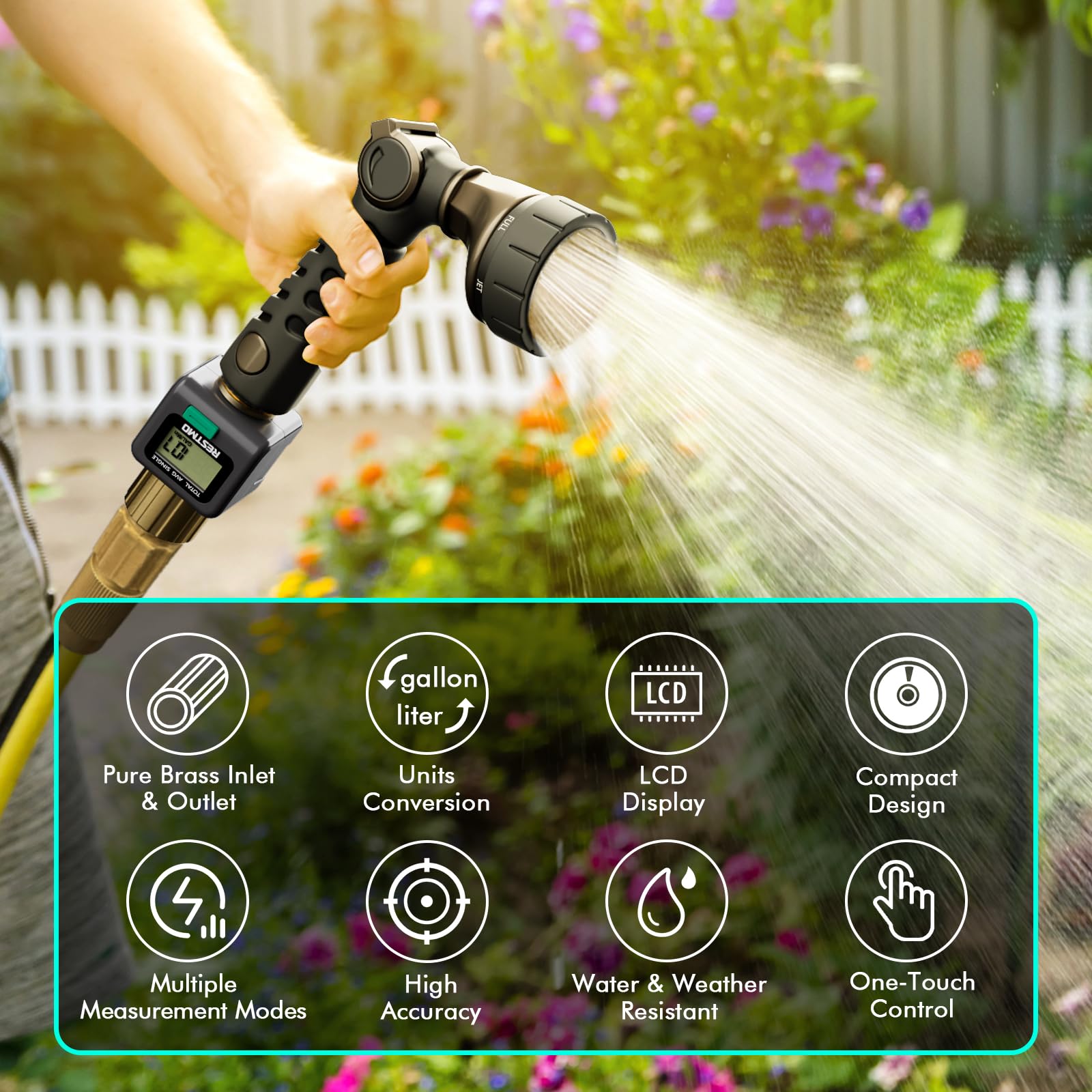 RESTMO Water Flow Meter, Pure Brass Inlet & Outlet | 4 Measure Modes | Display Gallon/Liter Usage and Flow Rate | Ideal to Outdoor Garden Hose, Lawn Sprinkler Watering, RV Water Tank Filling