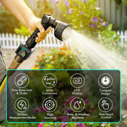 RESTMO Water Flow Meter, Pure Brass Inlet & Outlet | 4 Measure Modes | Display Gallon/Liter Usage and Flow Rate | Ideal to Outdoor Garden Hose, Lawn Sprinkler Watering, RV Water Tank Filling
