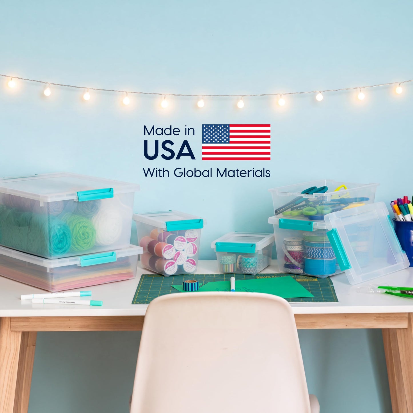 IRIS USA 11.4 L (12 US Qt) Large Deep Clip Box, 4 Pack, Clear Plastic Storage Container Bins with Latching Lids, Organizer for Home, Office and Classroom, Stackable Nestable, Seafoam Blue Buckles IRIS USA