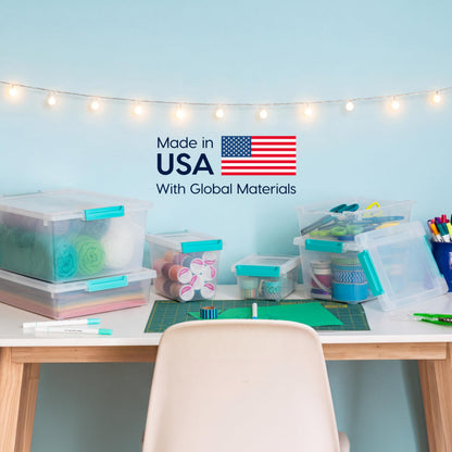 IRIS USA 11.4 L (12 US Qt) Large Deep Clip Box, 4 Pack, Clear Plastic Storage Container Bins with Latching Lids, Organizer for Home, Office and Classroom, Stackable Nestable, Seafoam Blue Buckles IRIS USA