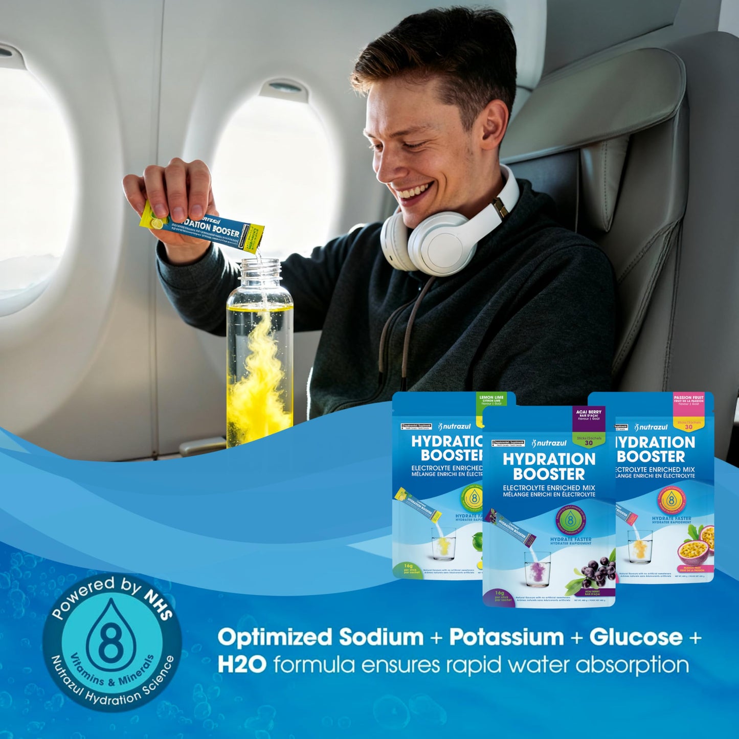 Nutrazul Hydration Booster, Electrolytes Powder Sticks with Sodium, Potassium, Vitamin B6 & B12, No Artificial Sweeteners, Acai Berry, Lemon Lime, Passion Fruit Flavour, 30 Sticks - Available at All In One Marketplace Canada