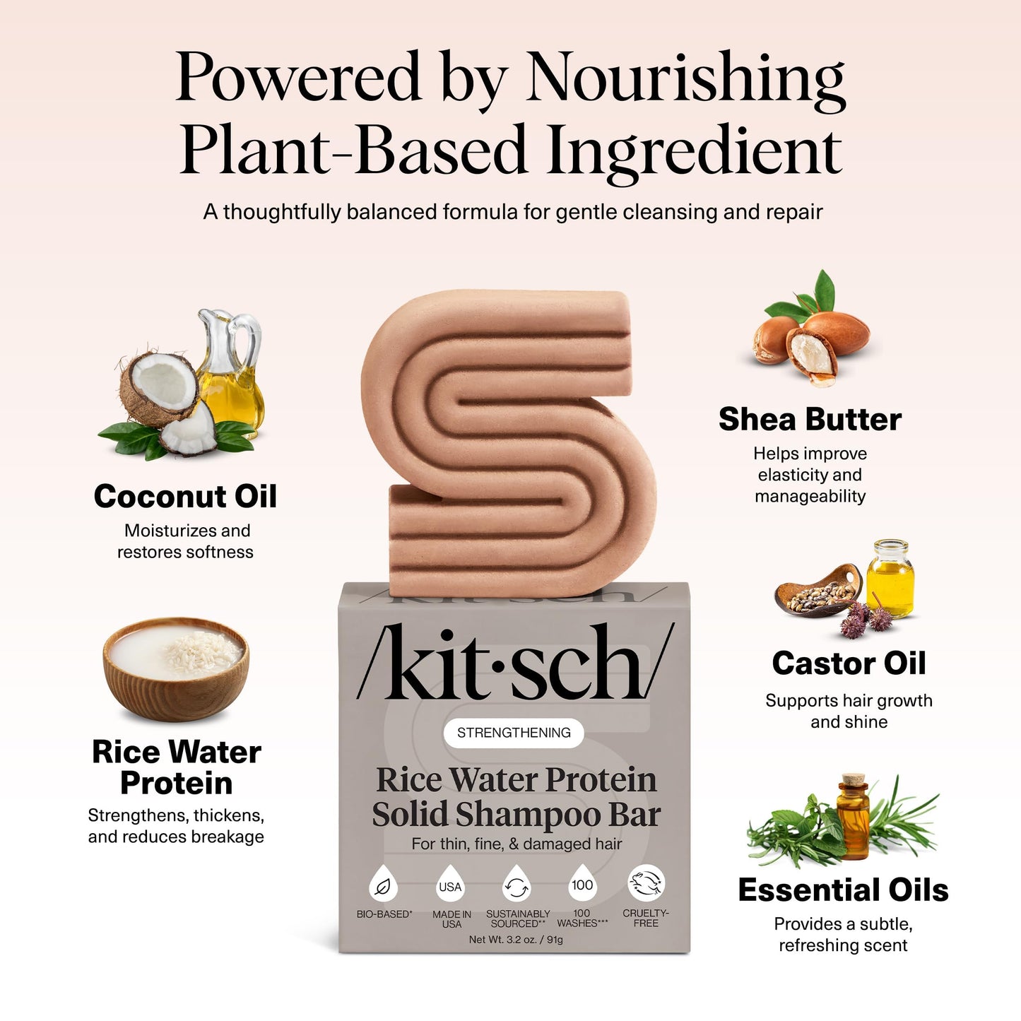 Kitsch Rice Water Shampoo Bar for Hair Growth – Strengthening Hair Shampoo for Men and Women – Reduce Breakage, Boosts Shine – Paraben, Silicone & Sulfate-Free, Vegan Hair Care - 91g - Available at All In One Marketplace Canada