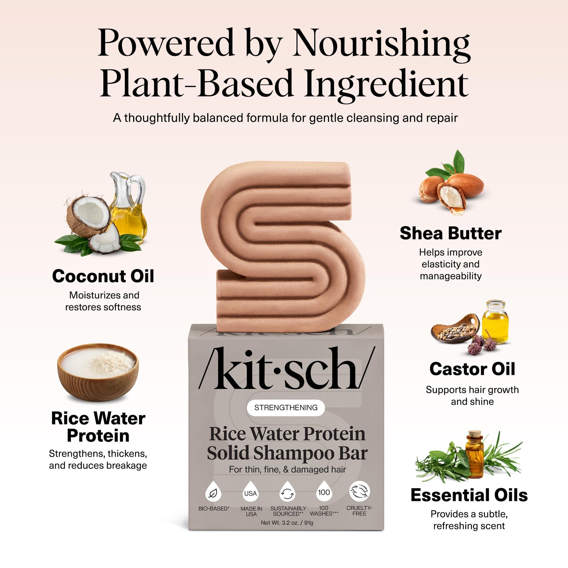 Kitsch Rice Water Shampoo Bar for Hair Growth – Strengthening Hair Shampoo for Men and Women – Reduce Breakage, Boosts Shine – Paraben, Silicone & Sulfate-Free, Vegan Hair Care - 91g - Available at All In One Marketplace Canada