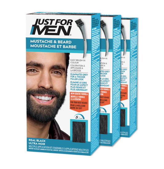 Just For Men Mustache & Beard, Beard Dye for Men with Brush Included for Easy Application, With Biotin Aloe and Coconut Oil for Healthy Facial Hair, Real Black, M-55 (3 Count) 🍁 All In One Marketplace Canada