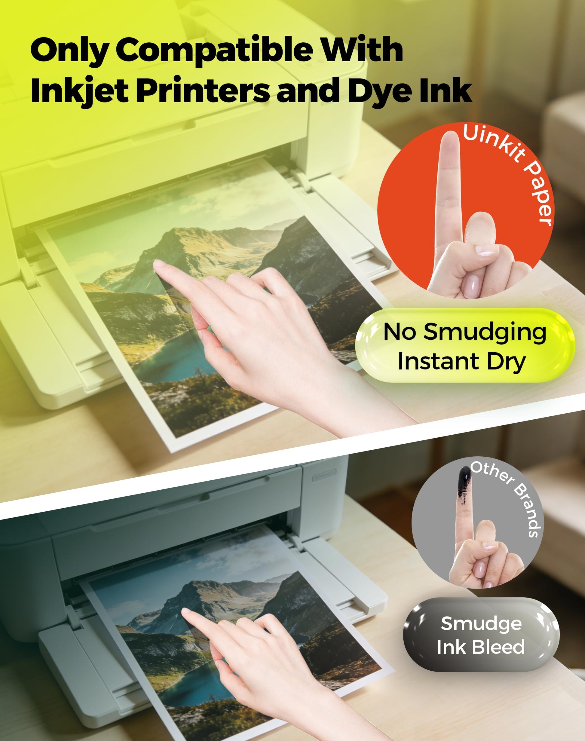 Uinkit Glossy Inkjet Photo Paper 8.5x11 Inches 100 Sheets 48lb Dye Ink 180Gsm Professional Photographic Paper Letter Size 8.5mil Instant Dry Suitable for All Dye Ink Printers (100, 8.5x11Inches)