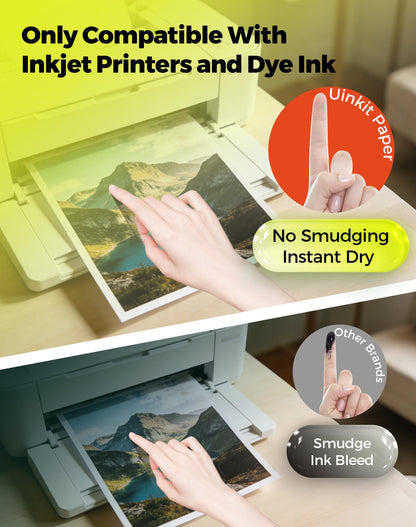 Uinkit Glossy Inkjet Photo Paper 8.5x11 Inches 100 Sheets 48lb Dye Ink 180Gsm Professional Photographic Paper Letter Size 8.5mil Instant Dry Suitable for All Dye Ink Printers (100, 8.5x11Inches)