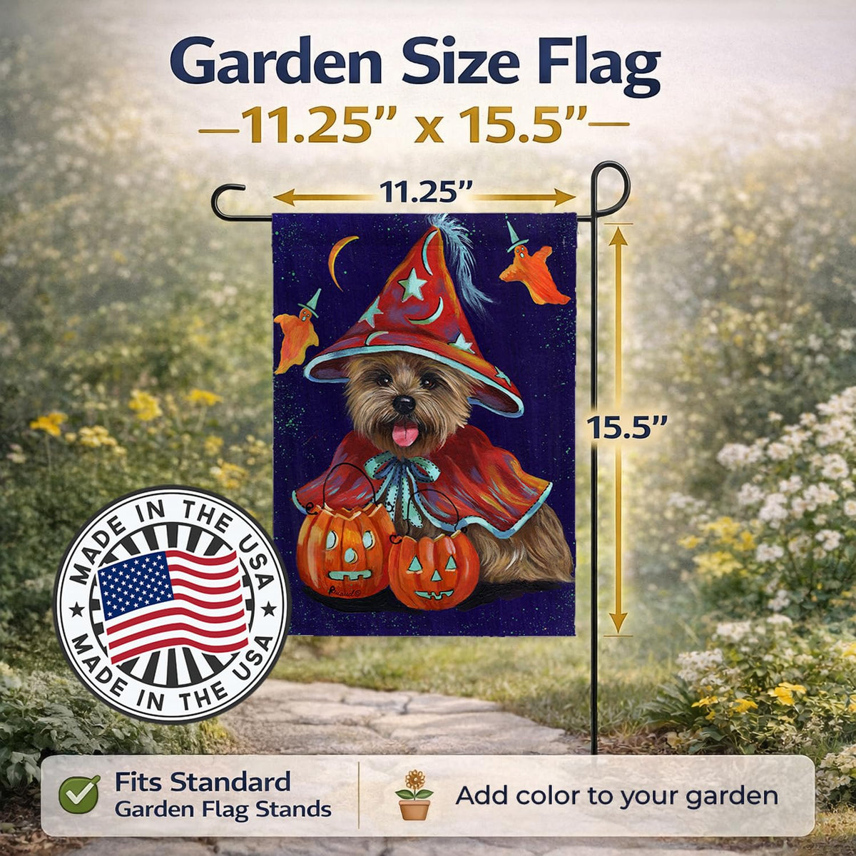 Drapeau de jardin extérieur Caroline's Treasures PPP3061GF Cairn Terrier sorcière d'Halloween, multicolore