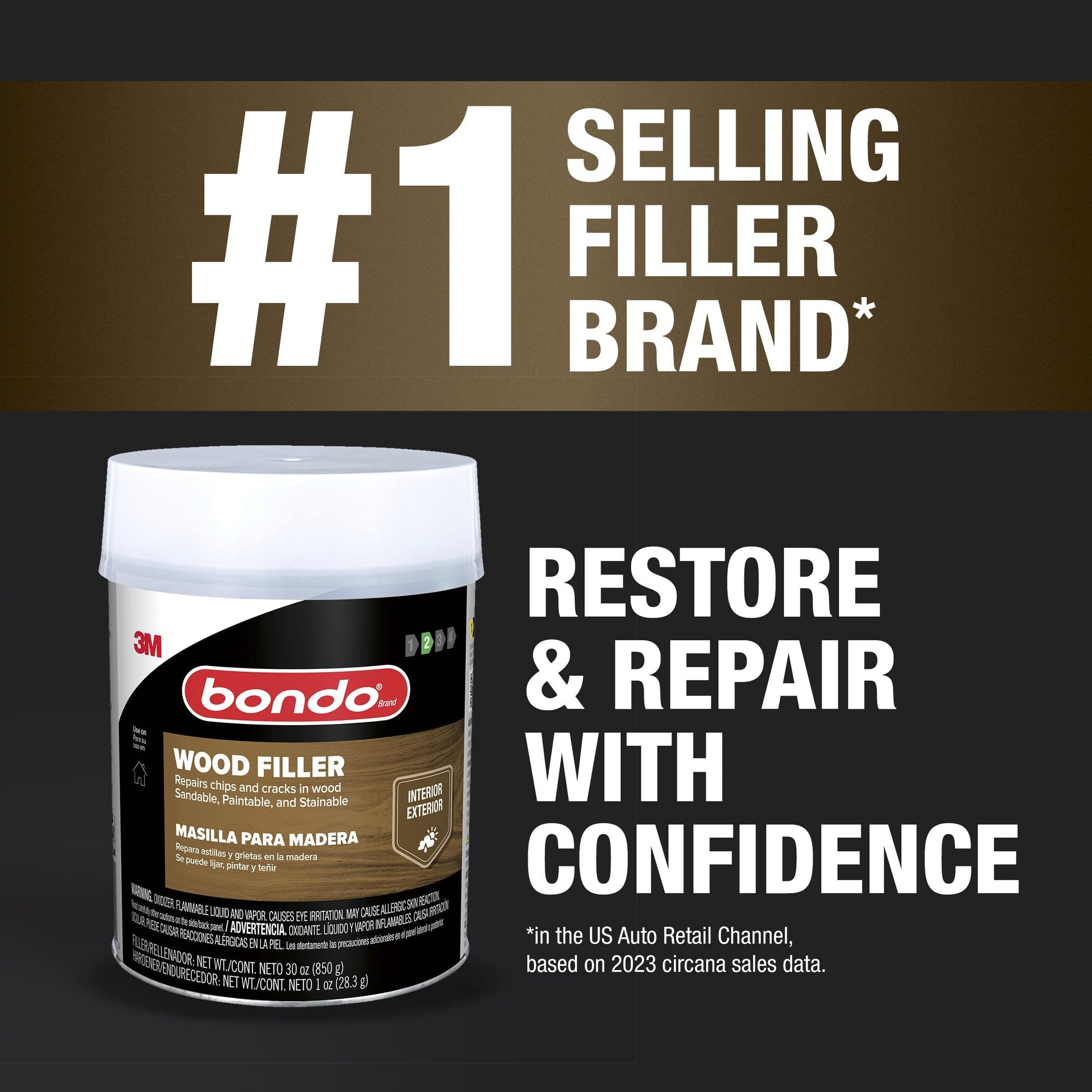 Bondo Wood Filler 12 oz with Hardener 0.5 oz, Repairs Chips and Cracks in Wood, Sandable, Paintable, and Stainable 3M