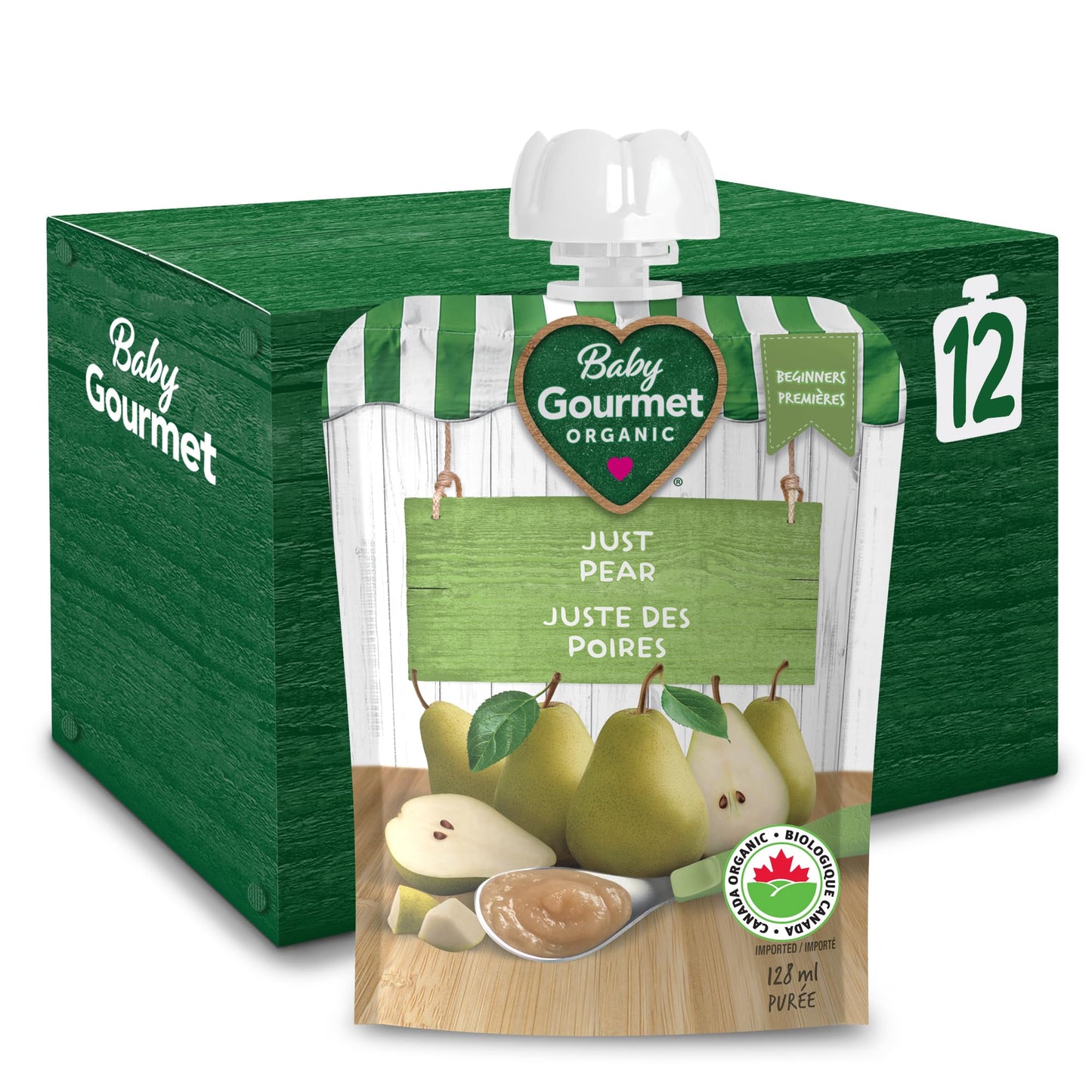 Baby Gourmet Organic Puree Baby Food Pouches - Simply Pear - No Added Sugar or Salt, Non GMO, No Fillers, Gluten Free, Kosher (128ml) 12-Pack 🍁 All In One Marketplace Canada