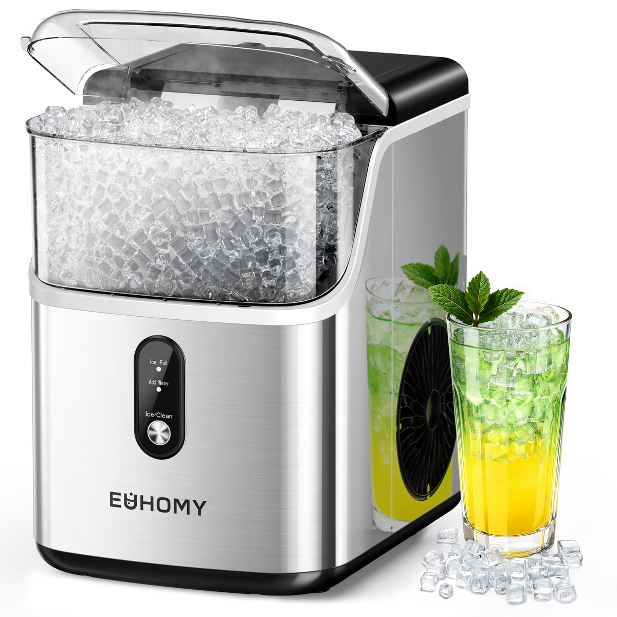 EUHOMY Nugget Ice Makers Countertop, Pebble Ice Maker Machine with 35lbs/24H Soft Ice, Self-Cleaning Sonic Ice Maker with Ice Scoop&Basket for Home/Kitchen/Office(Stainless Steels)