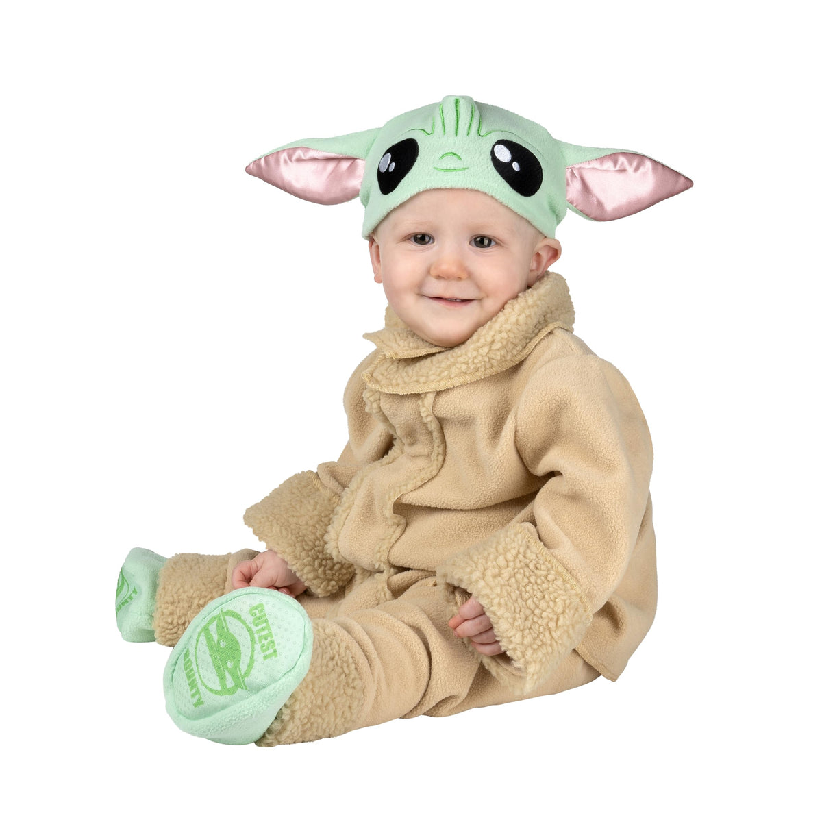 Costume d'Halloween officiel de luxe Grogu de STAR WARS pour bébé - Haut et pantalon en tissu minky de qualité supérieure avec capuche et chaussons antidérapants (6-12 mois)