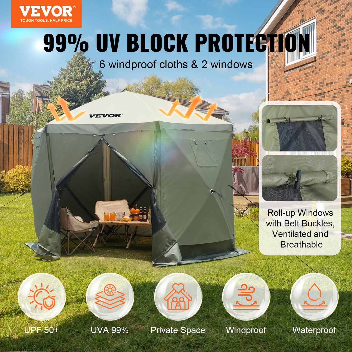 VEVOR Pop Up Gazebo Tent, Pop-Up Screen Tent 6 Sided Canopy Sun Shelter with 6 Removable Privacy Wind Cloths & Mesh Windows, 10x10FT Quick Set Screen with Mosquito Netting, Army Green 🍁 All In One Marketplace Canada