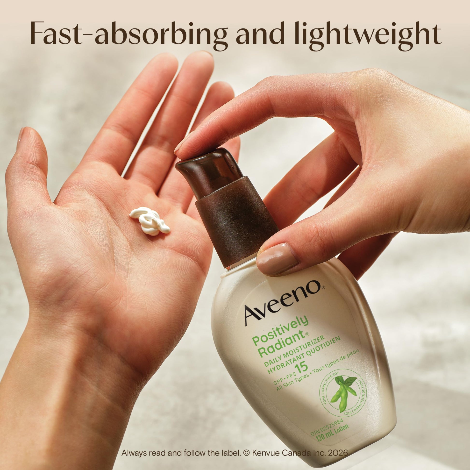 Aveeno Positively Radiant Daily Moisturizer SPF 15 - Face Lotion with Soy Formula for Dry Skin, Hypoallergenic & Oil-Free Lotion, Evens Tone & Texture, Non-Comedogenic Moisturizer for Face 120 mL