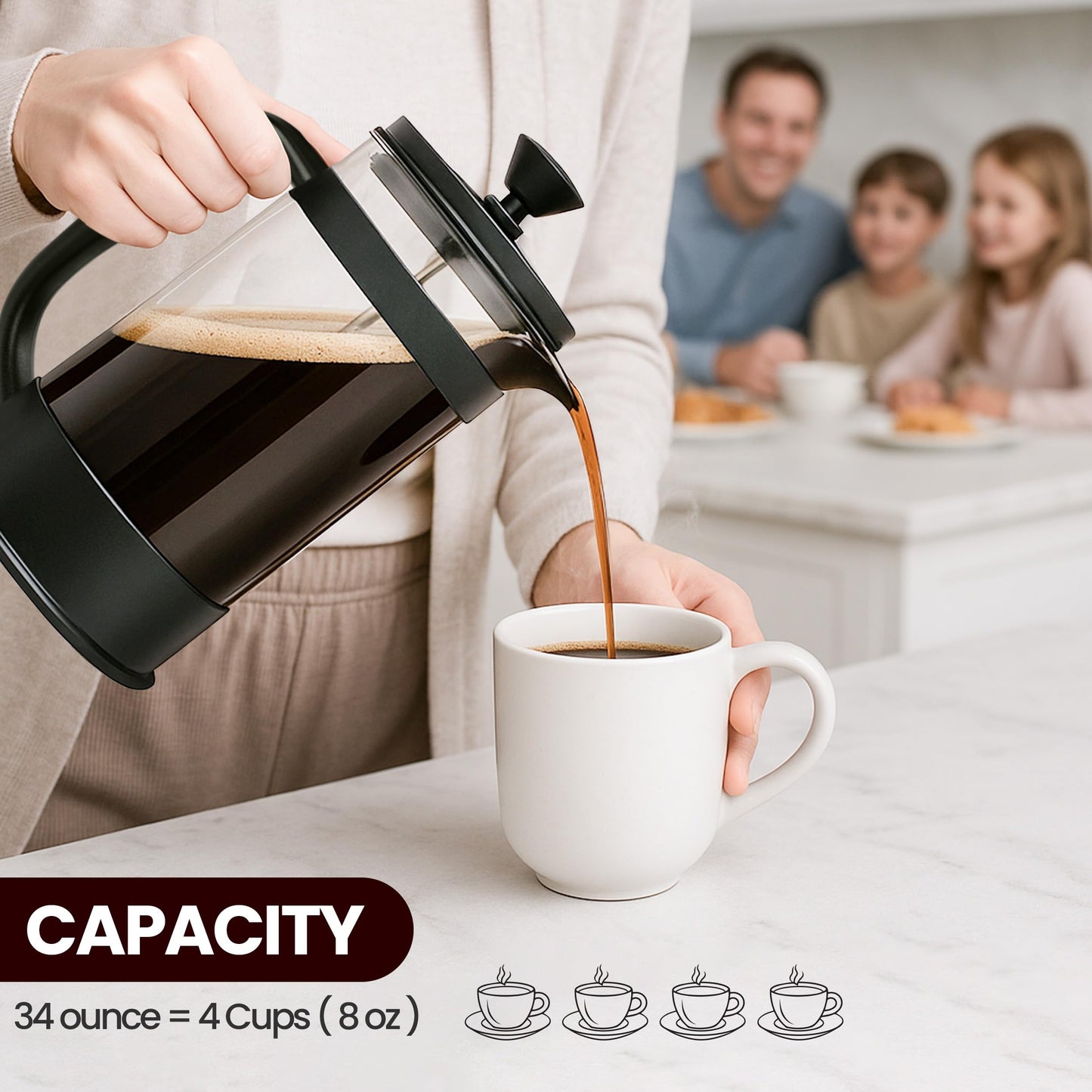 KICHLY - 34 Ounce French Press Espresso and Tea Maker with Triple Filters, Stainless Steel Plunger and Heat Resistant Borosilicate Glass, Black - Available at All In One Marketplace Canada