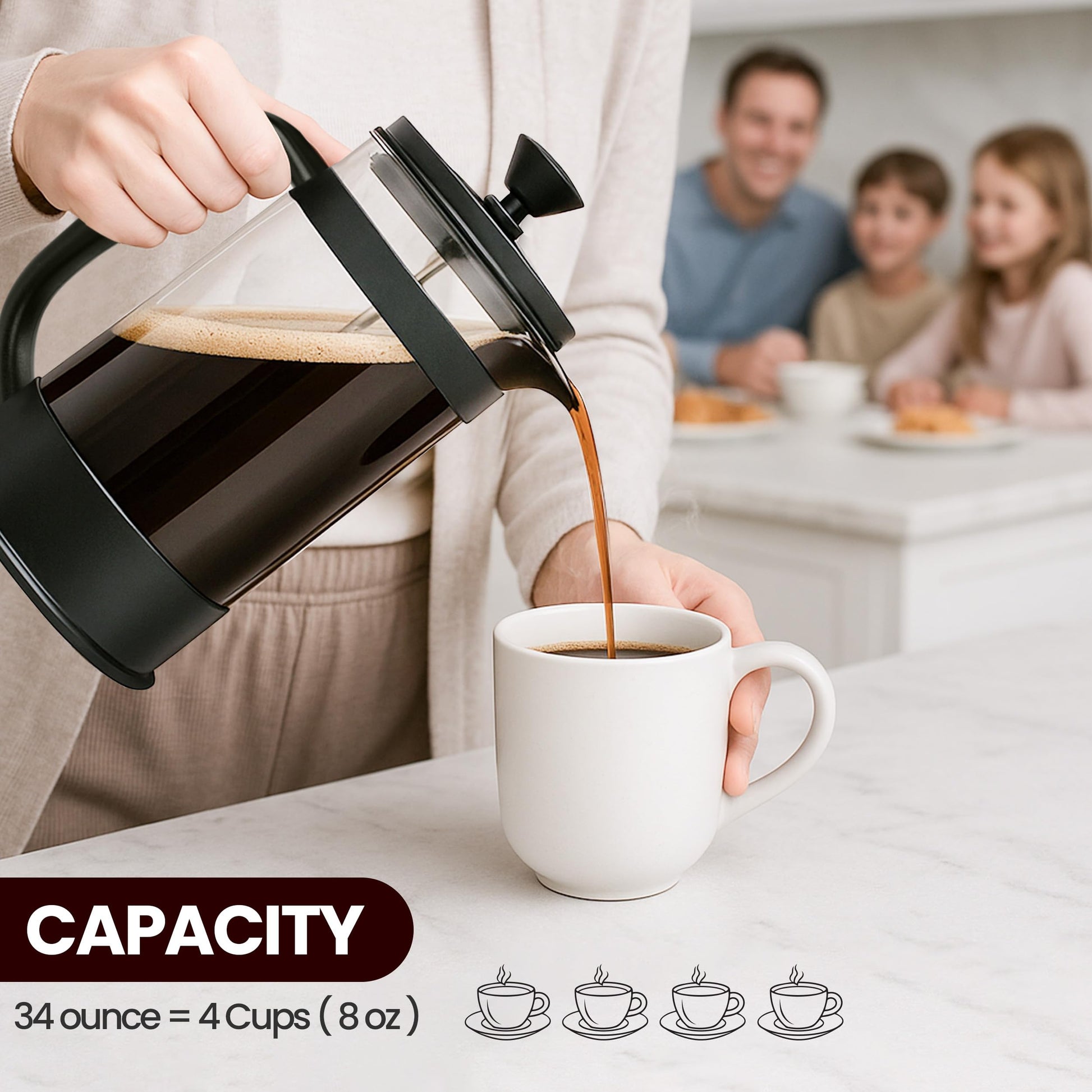 KICHLY - 34 Ounce French Press Espresso and Tea Maker with Triple Filters, Stainless Steel Plunger and Heat Resistant Borosilicate Glass, Black - Available at All In One Marketplace Canada